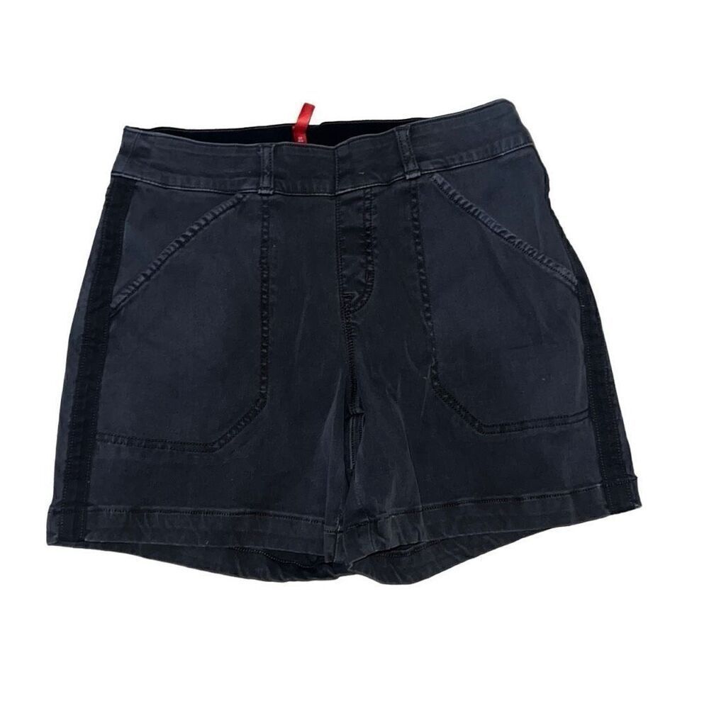 Spanx Stretch Twill Shorts, 6" Gray Black Pull-on Elastic Waist Sz S Small